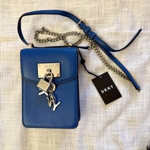 DKNY Elissa North South leather crossbody Indigo Blue with silver charm hardware